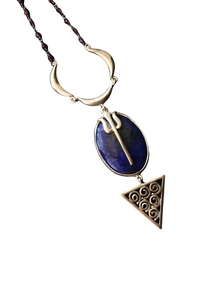 Lapis Lazuli Trishul Moon Spiral Long Necklace (Silver)
