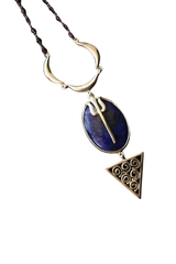 Lapis Lazuli Trishul Moon Spiral Long Necklace (Silver)