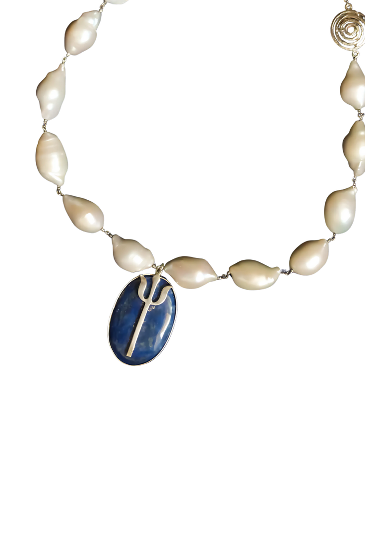 Lapis Lazuli Trishul Pearl Necklace (Silver)