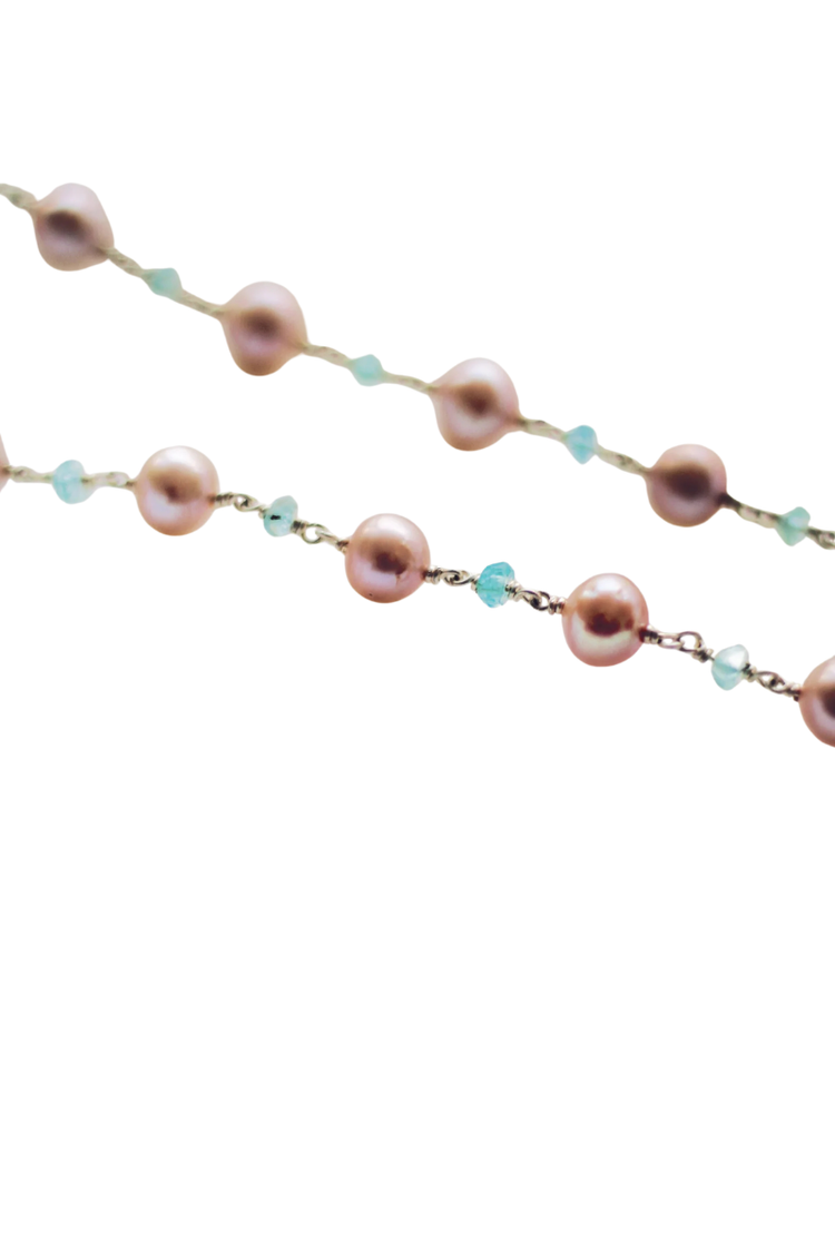 Light Pink Pearl String With Blue Beads