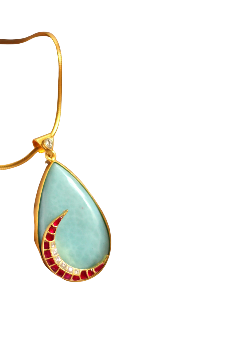 Nandini Pink Jadau Crescent on an Turquoise Droplet Pendant