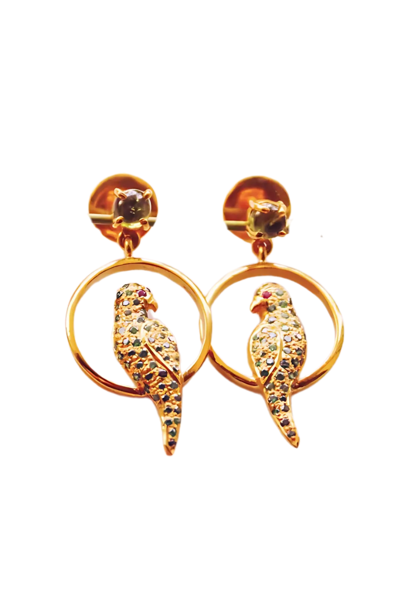Peridot Studded Parrot Seated In A Swing Stud Earrings (Gold-plated)