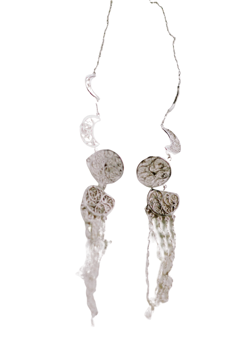 Phases of the Moon Filigree Stud with Rice Pearls and Ear Chain