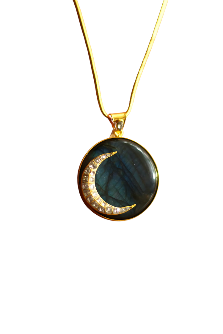 Pooja Jadau Crescent on a Labradorite Circle Pendant