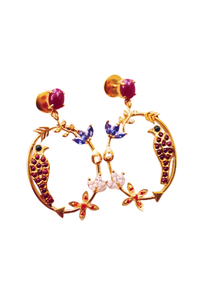 Ruby Goddess Parrot In Circular Arrow With Kamadeva’s 5 Flowers Earrings (Gold-plated)