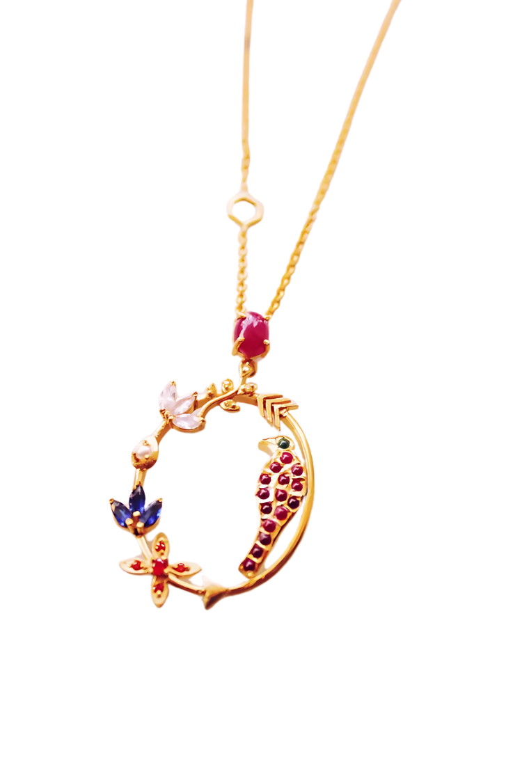 Ruby Goddess Parrot In Circular Arrow With Kamadeva’s 5 Flowers Necklace (Gold-plated)