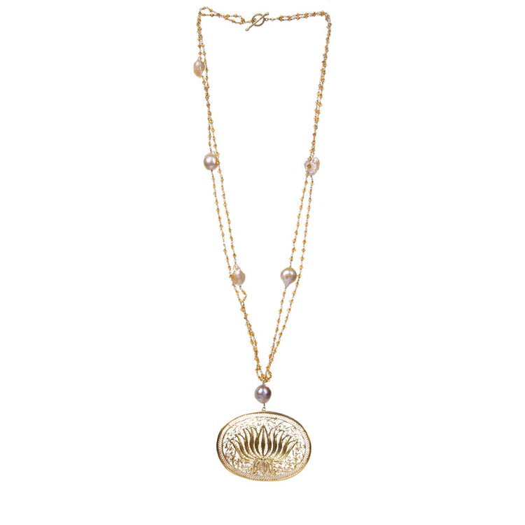 Abode Of The Lotus Necklace In Citrine Beads And Baroque Pearls