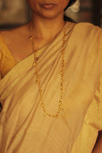 Bheeja Long Necklace with Rice Grains, Crescent Moons & Tourmaline Beads- Gold Plated