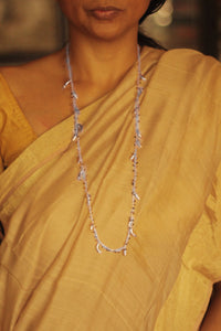 Bheeja Long Necklace with Rice Grains, Crescent Moons & Tourmaline Beads- Silver