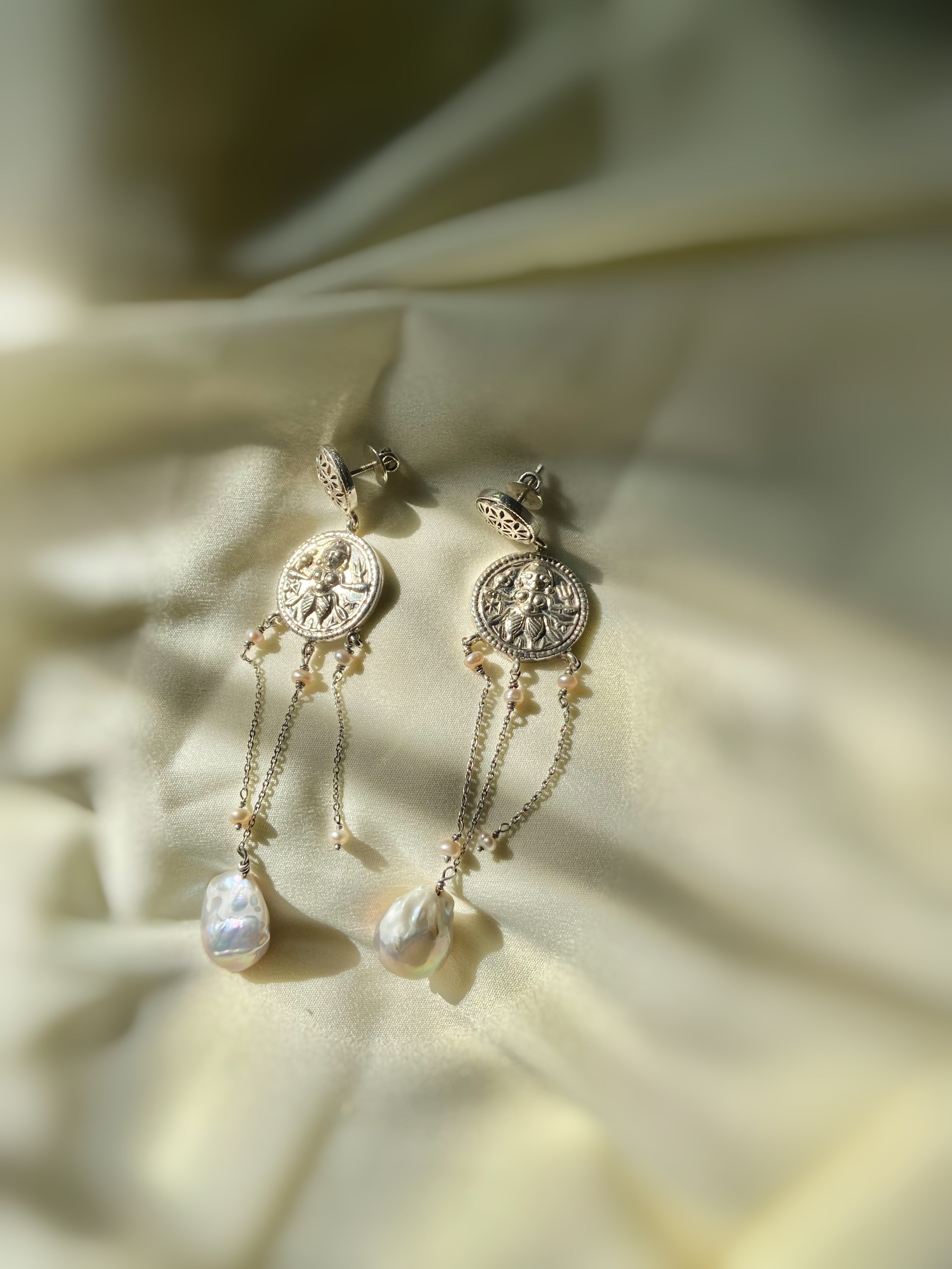 Engraved Coin Baroque Pearl Chandelier Earrings - Silver
