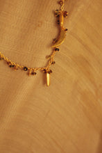 Load image into Gallery viewer, Bheeja Long Necklace with Rice Grains, Crescent Moons &amp; Tourmaline Beads- Gold Plated

