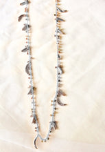 Load image into Gallery viewer, Bheeja Long Necklace with Rice Grains, Crescent Moons &amp; Tourmaline Beads- Silver
