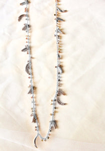 Bheeja Long Necklace with Rice Grains, Crescent Moons & Tourmaline Beads- Silver