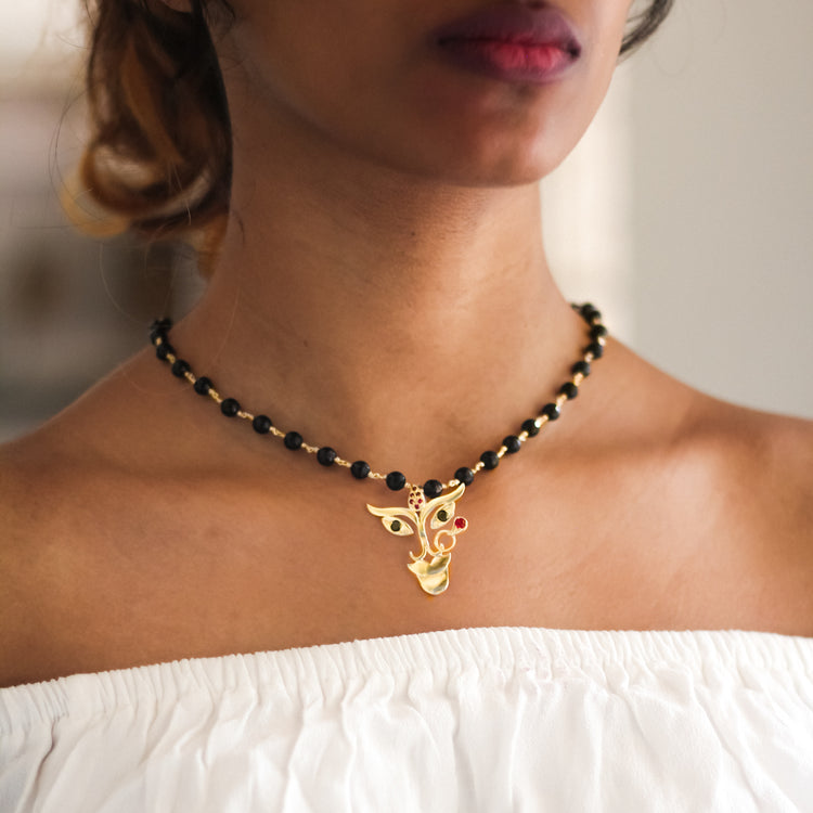 Durga Pendant With Black Onyx Chain (Gold-Plated Small)