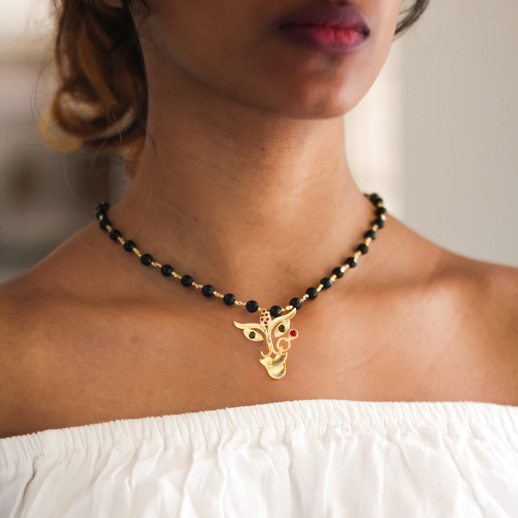Durga Pendant With Black Onyx Chain (Gold-Plated Small)
