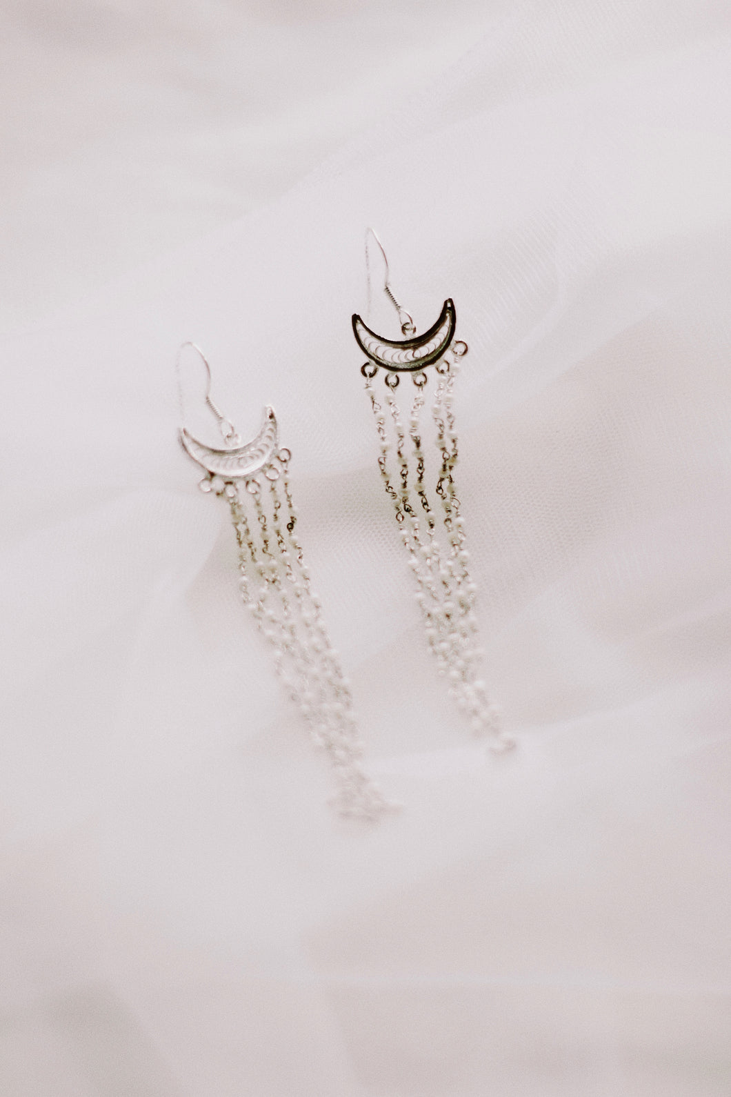 Crescent Filigree Hook Earrings With Rice Pearls