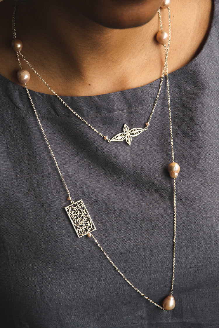 Filigree Baroque Pearl Charm  Necklace