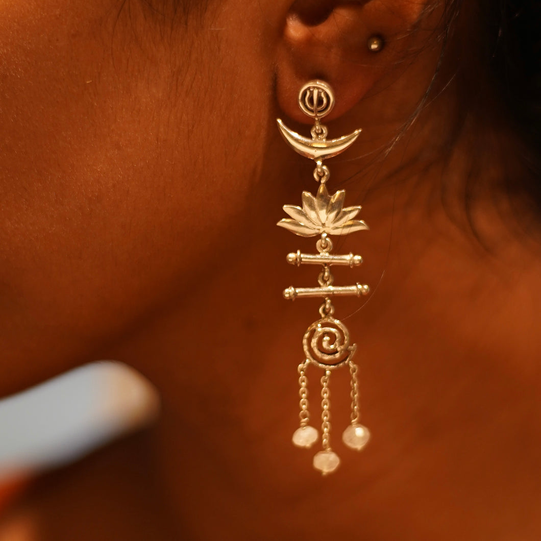 Trishul Moon Lotus Spiral Devi Earrings (Silver)
