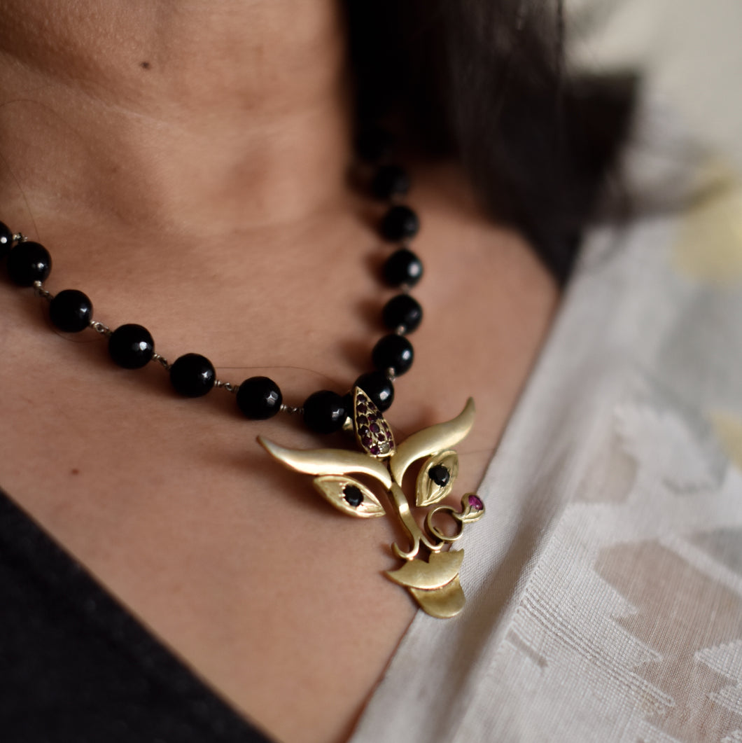 Durga Pendant With Black Onyx Chain (Gold-Plated Big)