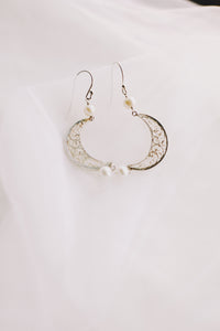 Filigree Crescent Hook Earrings With Pearl