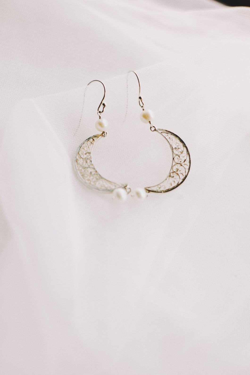 Filigree Crescent Hook Earrings With Pearl