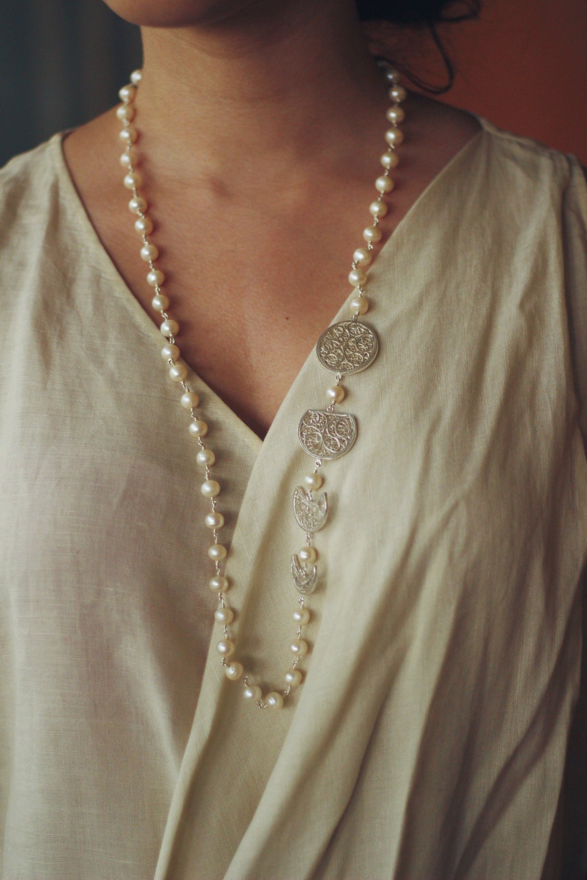 Filigree Phases of the Moon Pearl Necklace