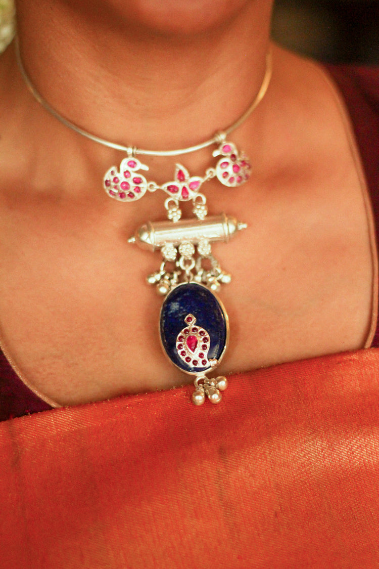 Lotus Hamsa Taweez Lapis Choker with Bells (Silver)