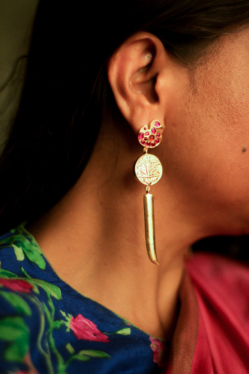 Hamsa Stud Coin Spike Long Earrings (Gold-plated)