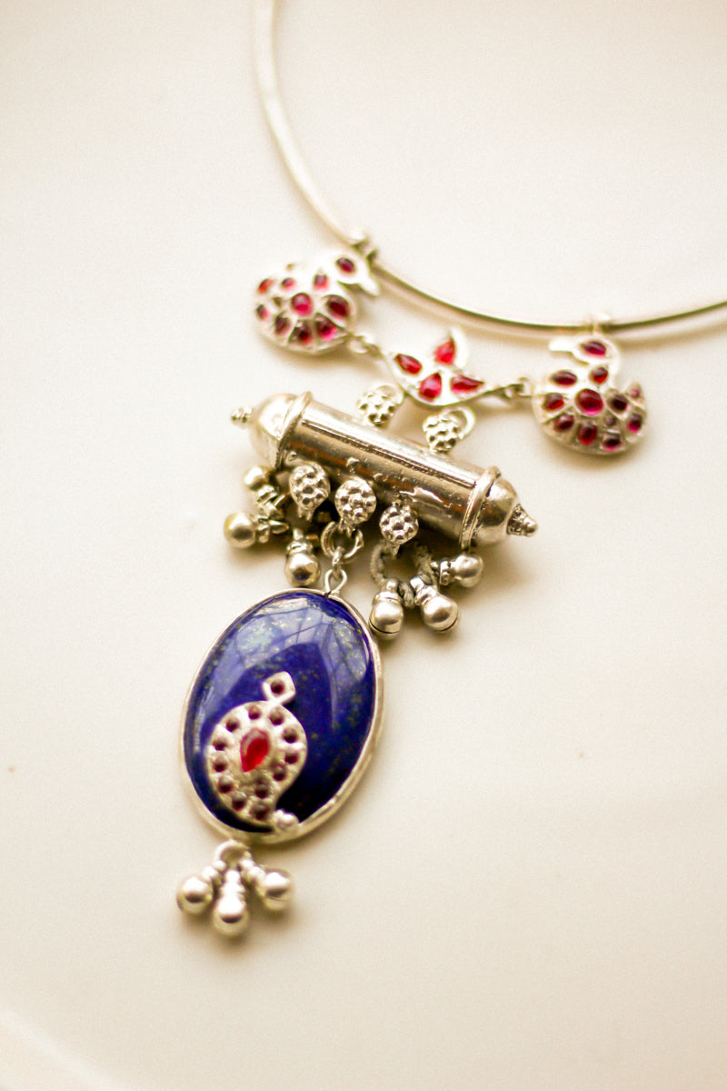 Lotus Hamsa Taweez Lapis Choker with Bells (Silver)