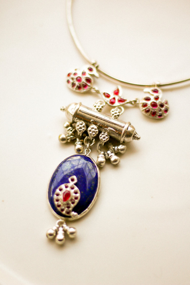 Lotus Hamsa Taweez Lapis Choker with Bells (Silver)