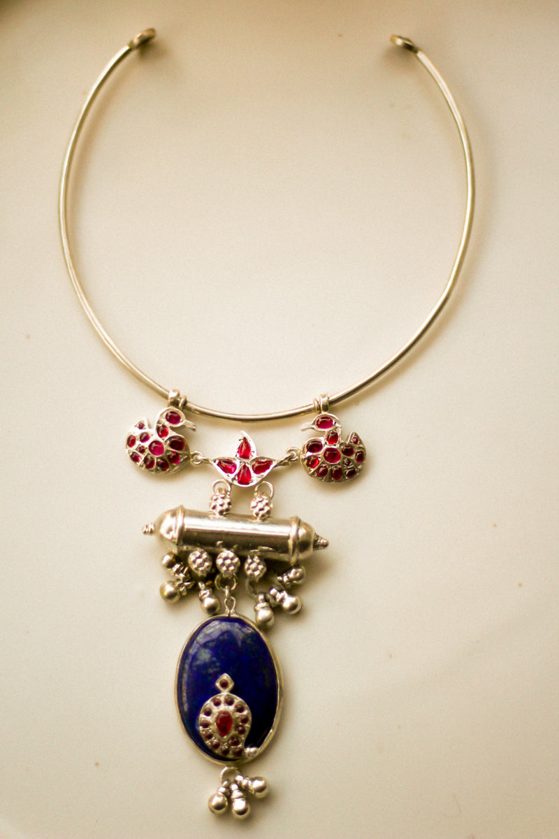 Lotus Hamsa Taweez Lapis Choker with Bells (Silver)