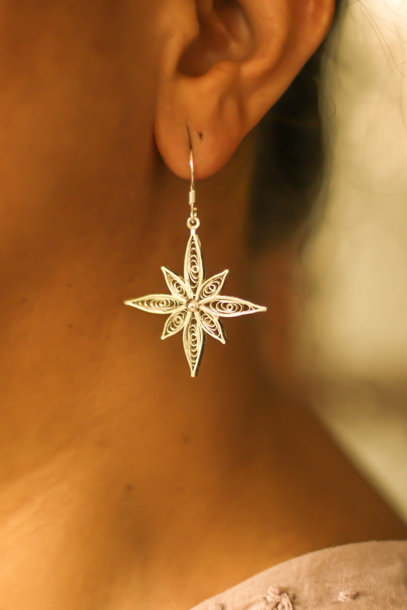 Filigree Snowflake Hoop Earrings (Silver)