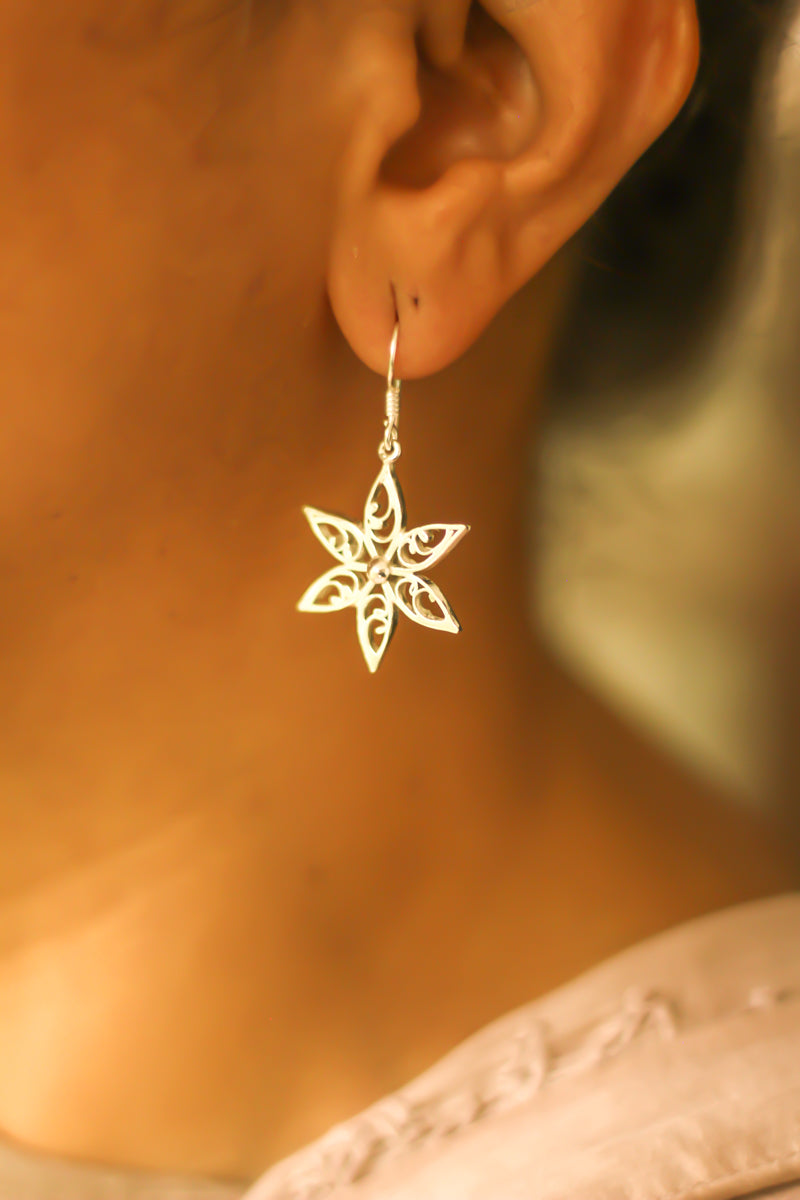 Filigree Mini Snowflake Hoop Earrings (Silver)