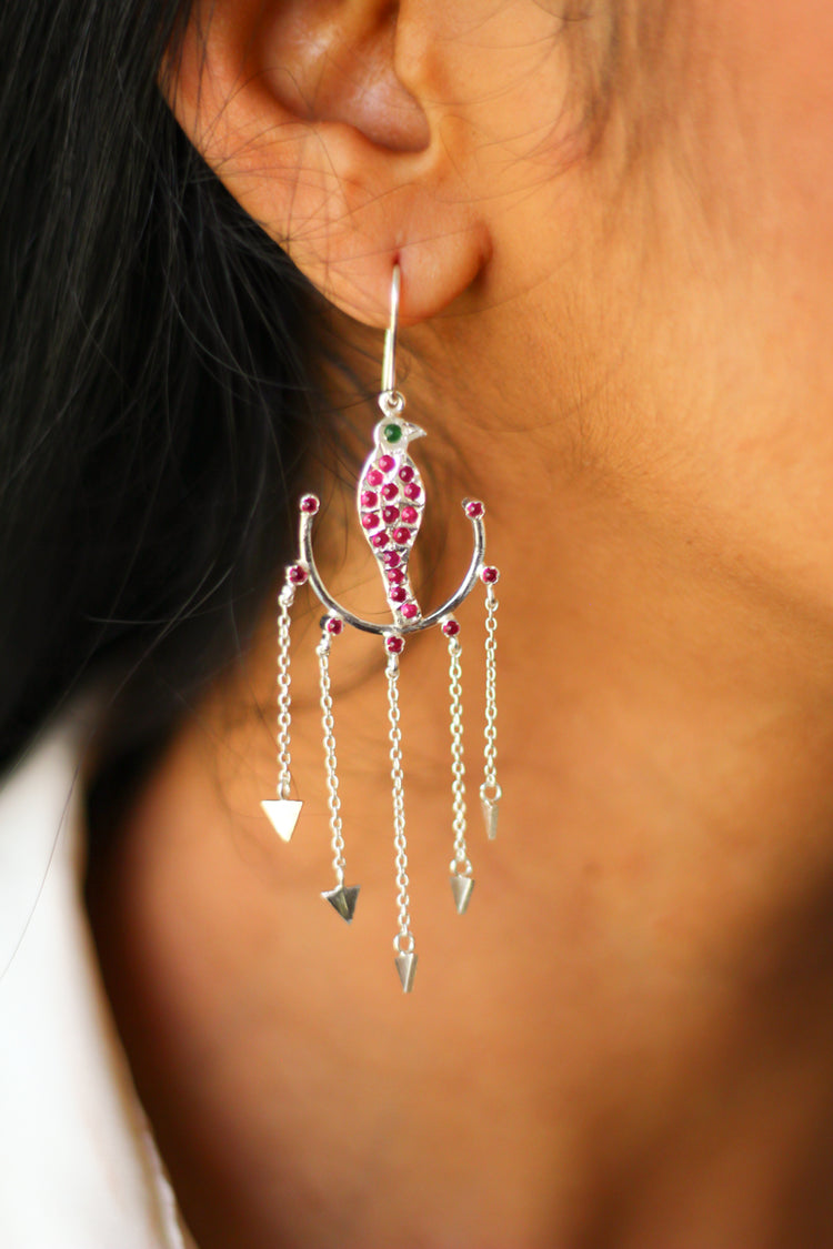 Goddess Parrot In Swing Arrow Chandelier Earrings (Silver)