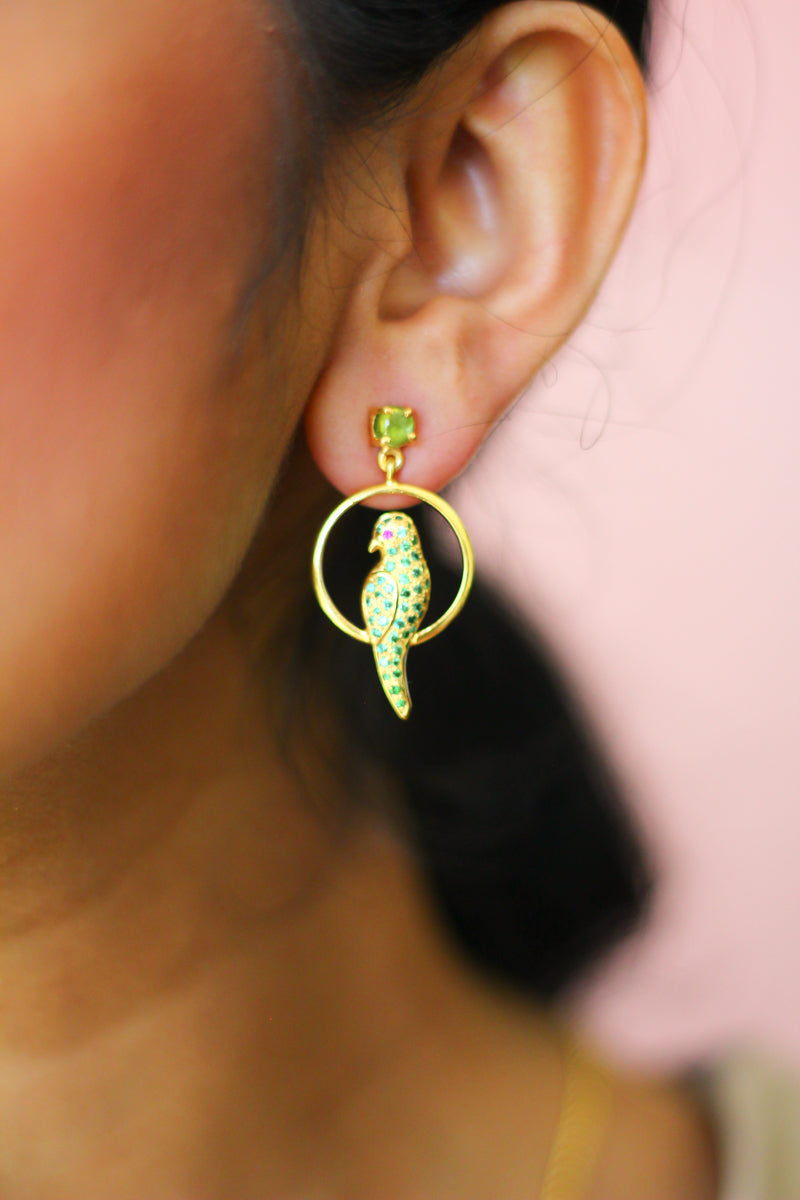 Peridot Studded Parrot Seated In A Swing Stud Earrings (Gold-plated)