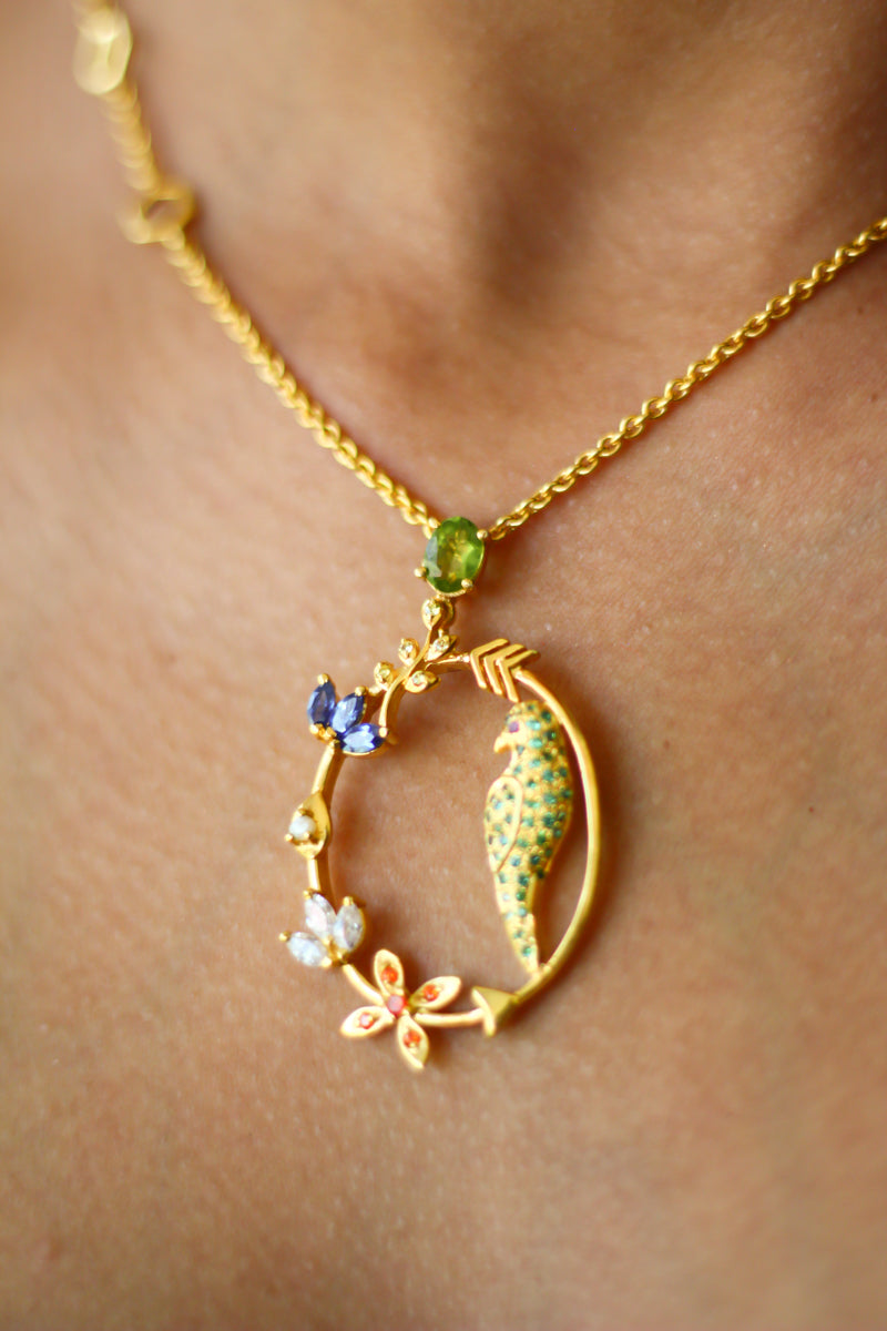 Peridot Studded In Circular Arrow With Kamadeva’s 5 Flowers Necklace (Gold-plated)