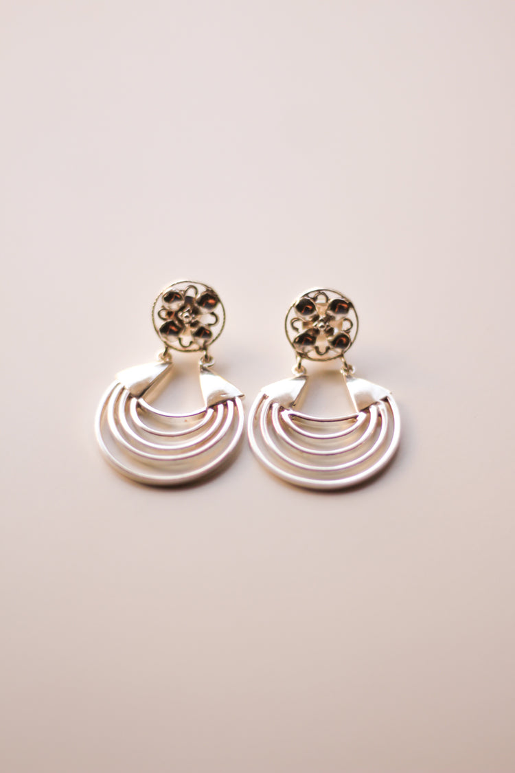 Floral Stud Tri-Layer Bali Earrings (Silver)