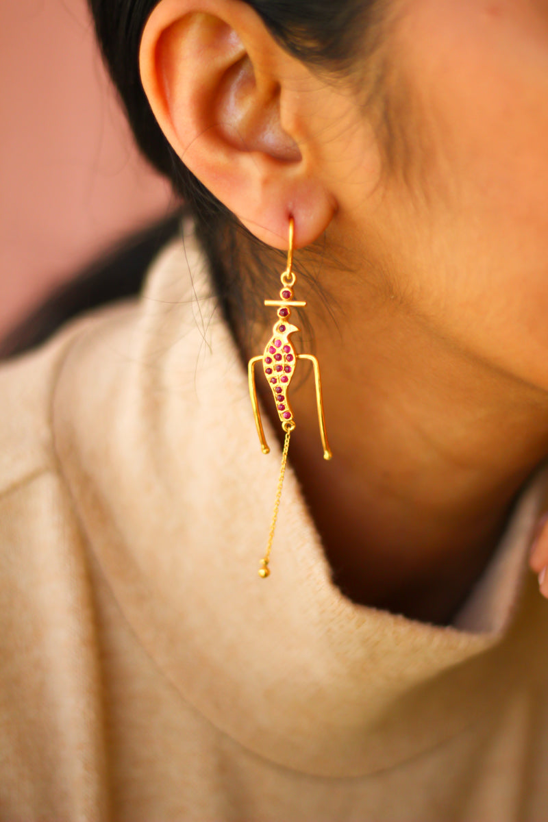 Goddess Parrot Resting Single Chandelier Hoop Earrings (Gold-plated)
