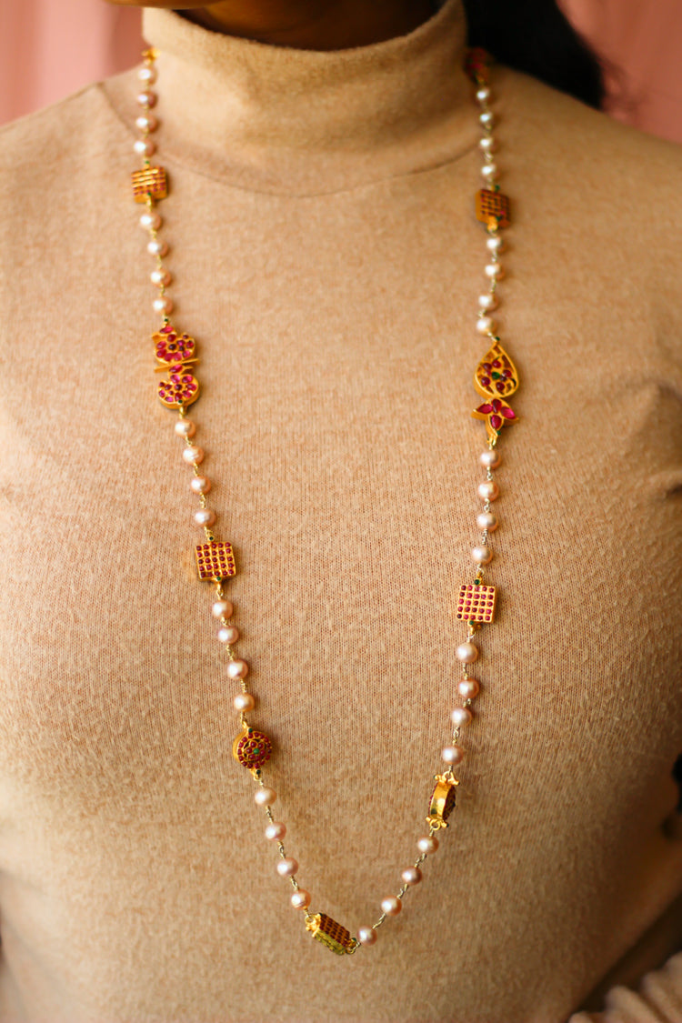 Hamsa Chettinad Square Pearl Long Necklace (Gold-plated)