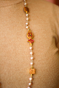 Hamsa Chettinad Square Pearl Long Necklace (Gold-plated)