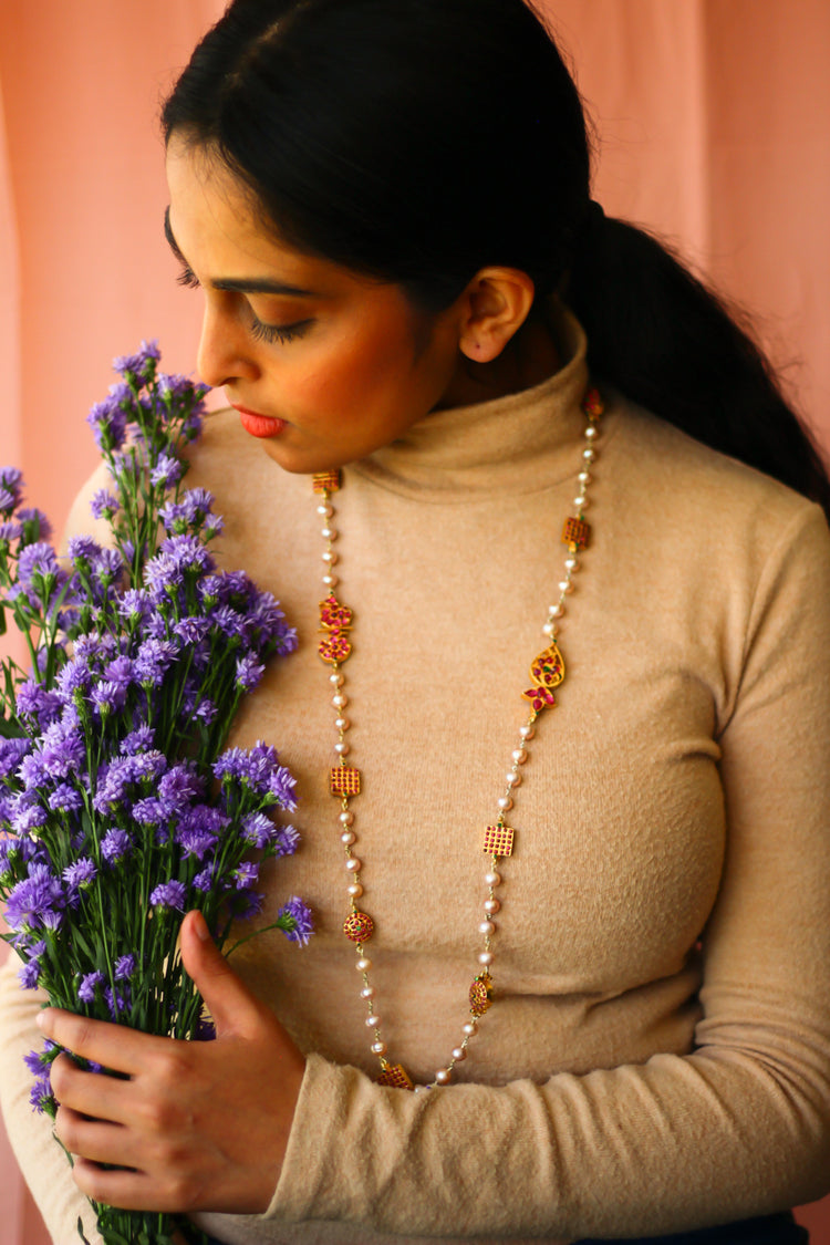 Hamsa Chettinad Square Pearl Long Necklace (Gold-plated)