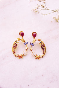 Ruby Goddess Parrot In Circular Arrow With Kamadeva’s 5 Flowers Earrings (Gold-plated)