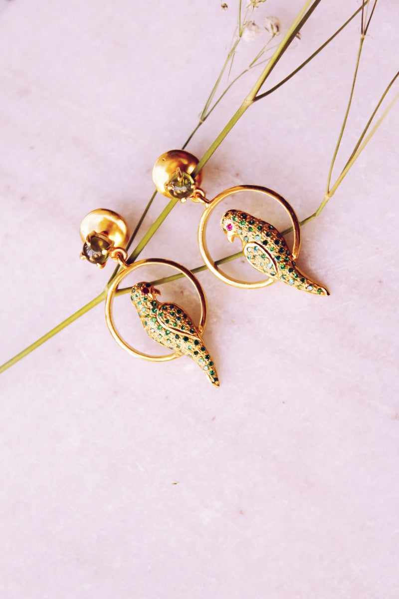 Peridot Studded Parrot Seated In A Swing Stud Earrings (Gold-plated)