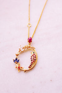 Ruby Goddess Parrot In Circular Arrow With Kamadeva’s 5 Flowers Necklace (Gold-plated)