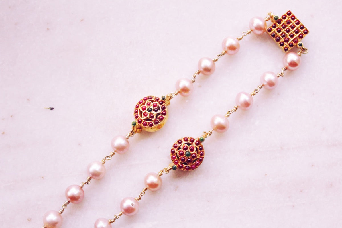 Hamsa Chettinad Square Pearl Long Necklace (Gold-plated)