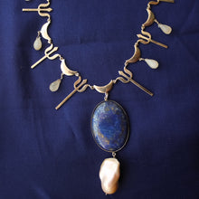 Load image into Gallery viewer, Lapis Lazuli Trishul Moon Pearl Necklace (Silver)
