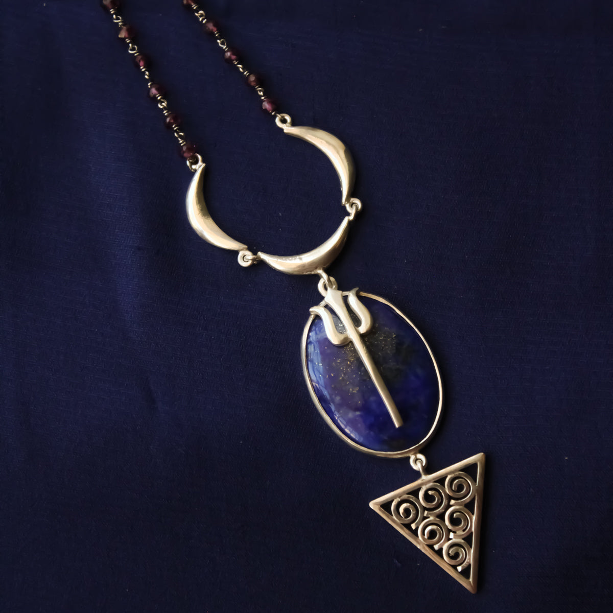 Lapis Lazuli Trishul Moon Spiral Long Necklace (Silver)