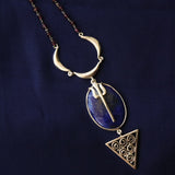 Lapis Lazuli Trishul Moon Spiral Long Necklace (Silver)