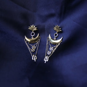 Trishul Lotus Moon Chandelier Earrings (Silver)
