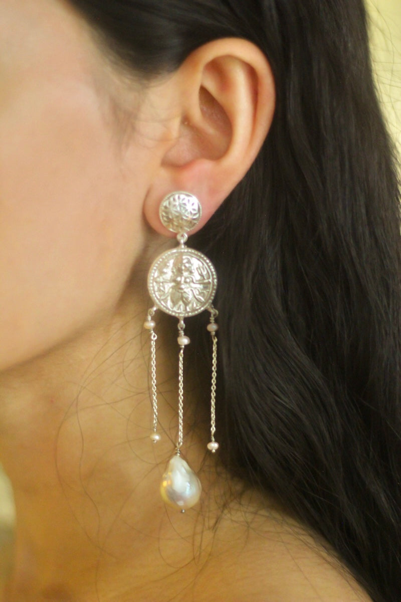 Engraved Coin Baroque Pearl Chandelier Earrings - Silver